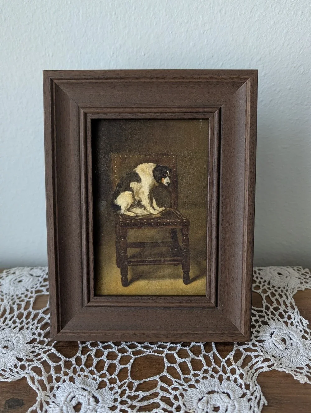 Framed Vintage Style Dog Print in Brown Frame Moody Decor